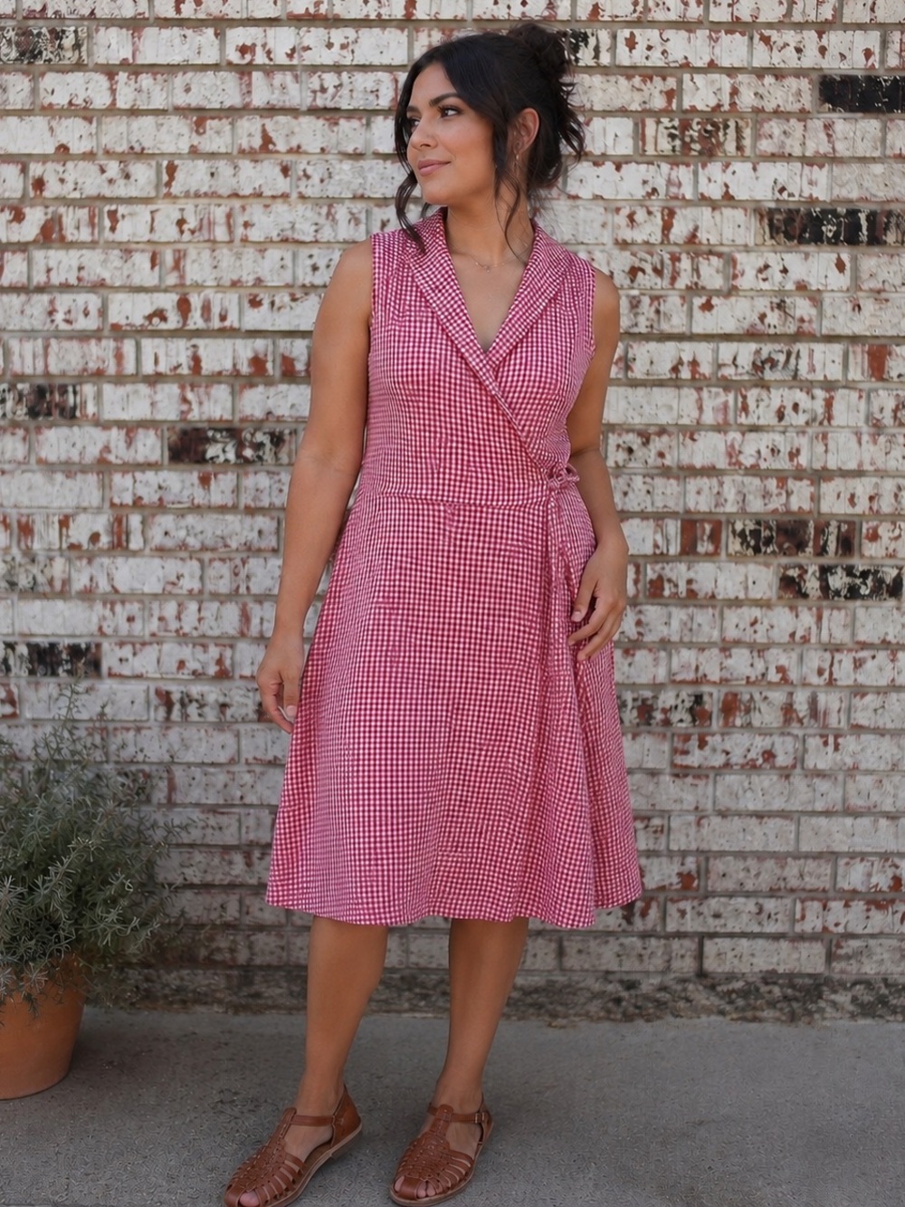 Handmade Vintage Red and White Gingham Cotton Lightweight Wrap Dress Sz Medium